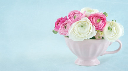 Ranunculus flowers in a pink cup with copy space