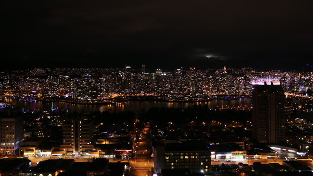 Downtown Vancouver at night. Looking north. Timelapse.