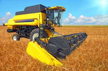 combine harvester on a wheat field with a blue sky