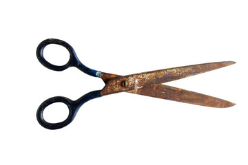 Old rusty scissors isolated on white