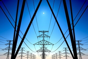 Power lines on blue sky.