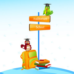 vector illustration of bird wearing mortar board with school bag