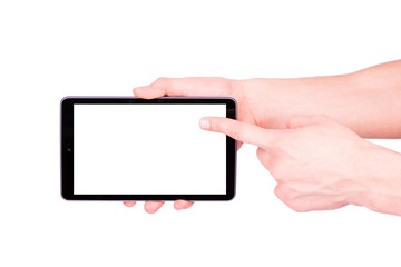 Male hand holding a tablet PC with space for you text