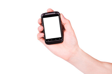 Male hand holding a mobile phone with space for you text