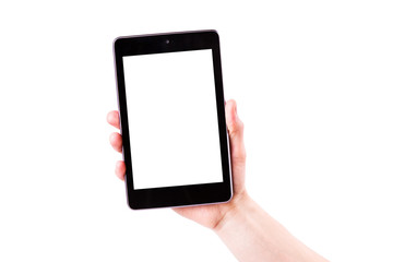 Male hand holding a tablet PC with space for you text