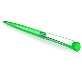 Automatic green ballpoint pen on a white background