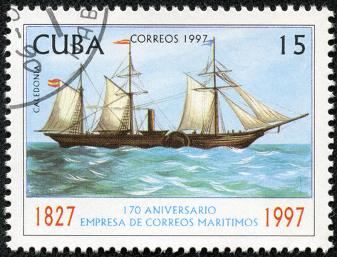 Stamp printed in CUBA shows image of a sailing ship