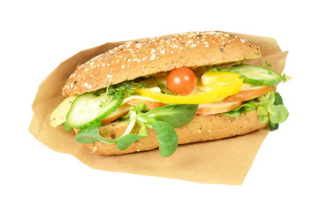 Upscale sandwich with smoked chicken on a white background.