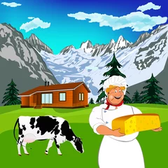 Fotobehang Boerderij Grappige chef-kok en natuurlijke zuivelkaas met alpenbergenweide