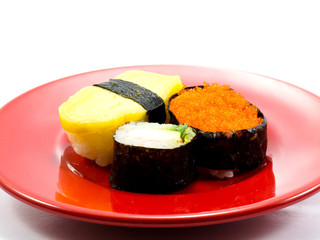 Sushi on the red dish