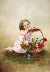 The girl with a basket of wildflowers