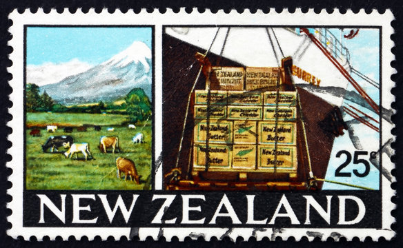 Postage stamp New Zealand 1968 Dairy Farm in Taranaki
