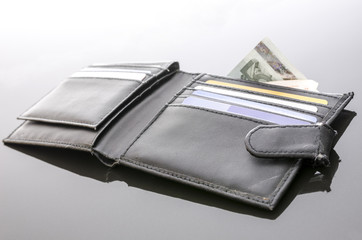 Old open wallet with money and credit cards