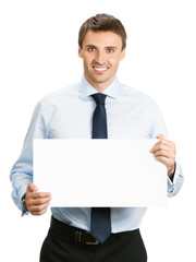 Businessman showing signboard, on white