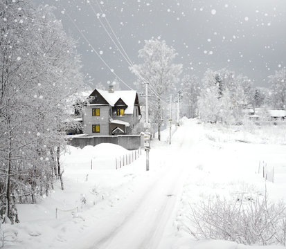 Winter's home. Cottage in a beautiful snow forest