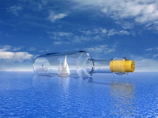 Sailing yacht in the bottle. Concept - protection of travel.