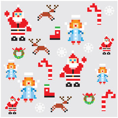 Obraz premium Santa and angels pixel characters christmas design. Seamless pat