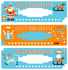Christmas labels with different funny season pixel characters.