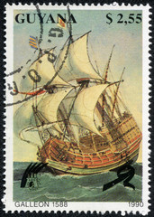 stamp printed in Guyana shows Galleon 1588