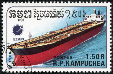 stamp printed Cambodia shows ship
