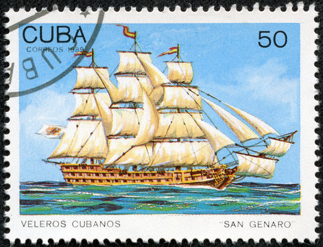 Stamp printed in Cuba shows image wind-driven ships