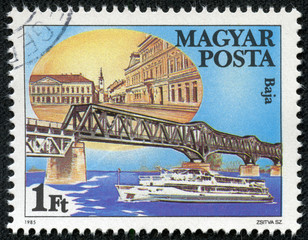 stamp printed by Hungary, shows Danube Bridge in Baja