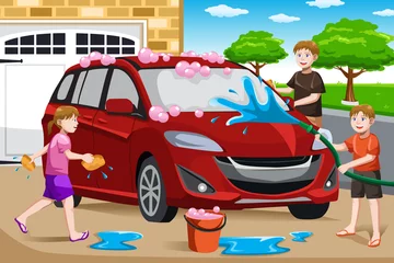 Fotobehang Vader en zijn kinderen auto wassen © artisticco