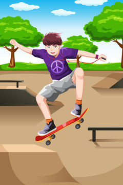 Happy kid playing skateboard