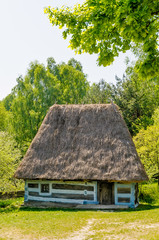 Fototapeta na wymiar A typical antique Ukrainian wooden country house, or farm, with a thatch roof, in the countryside near Kiev 