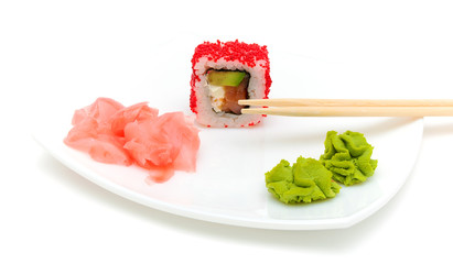 Japanese cuisine. rolls, wasabi and pickled ginger.