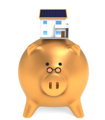 golden piggy bank with house. money saving for house concept
