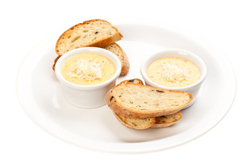 sauce with cheese and bread, isolated on white