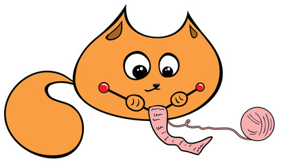 Ginger cat knitting pink scarf