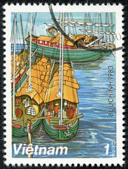 stamp printed in Vietnam, shows Sampans on Red River