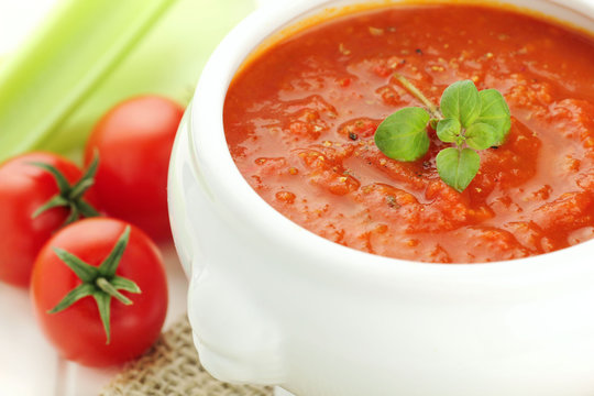 Fresh vegetarian tomato and celery soup