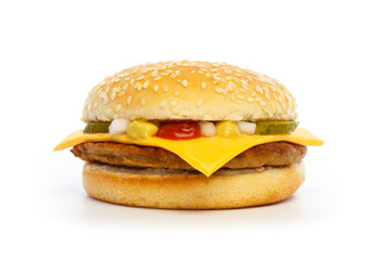 Hamburger with cheese, pickles, onion and sauce - obrazy, fototapety, plakaty