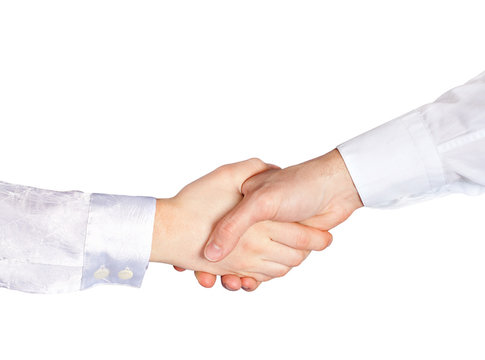 Man and woman shaking hands isolated on white background
