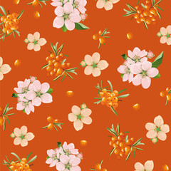background of sea buckthorn and flowers