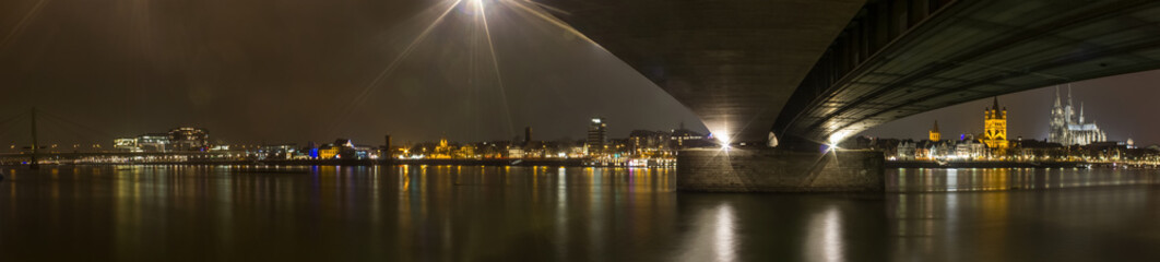 Fototapeta na wymiar cologne city beneath the deutzer bridge at night panorama