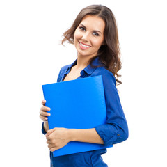 Businesswoman with blue folder, isolated
