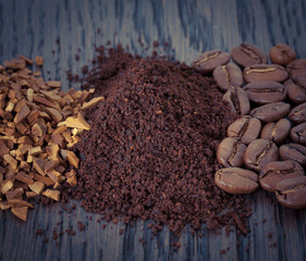 Set of instant, ground coffee and coffee beans