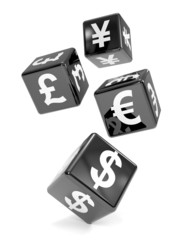 Black dice with currency symbols falling