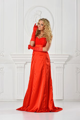 beautiful woman in red long dress.