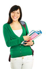 Female student with books , isolated on white background