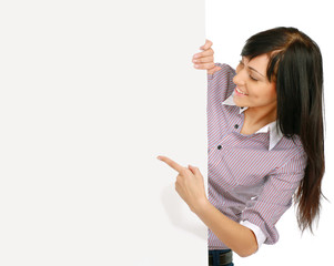 Young woman with blank board banner