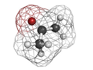 Acetone solvent molecule, molecular model.