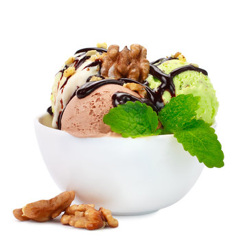 Various Ice Cream Sundae Dish On A White Background