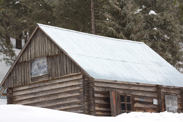 wooden house covered by a snow