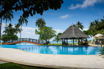 pool with artificial beach and tropical ocean