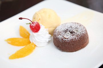 Chocolate Lava Cake with ice cream and fruit